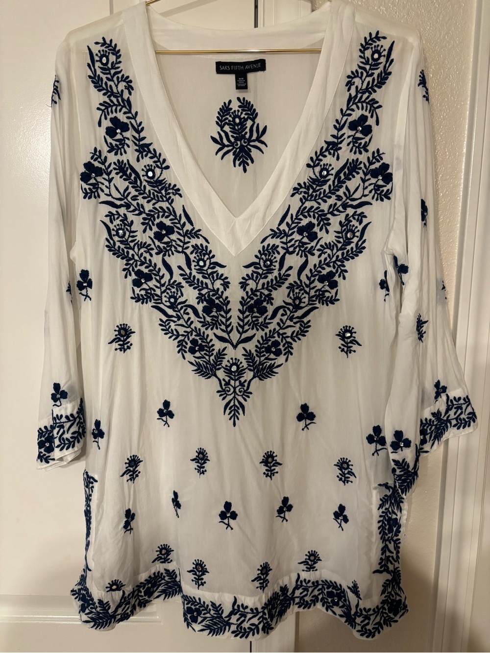 Saks Fifth Avenue White Tunic with Navy Floral Embroidery
